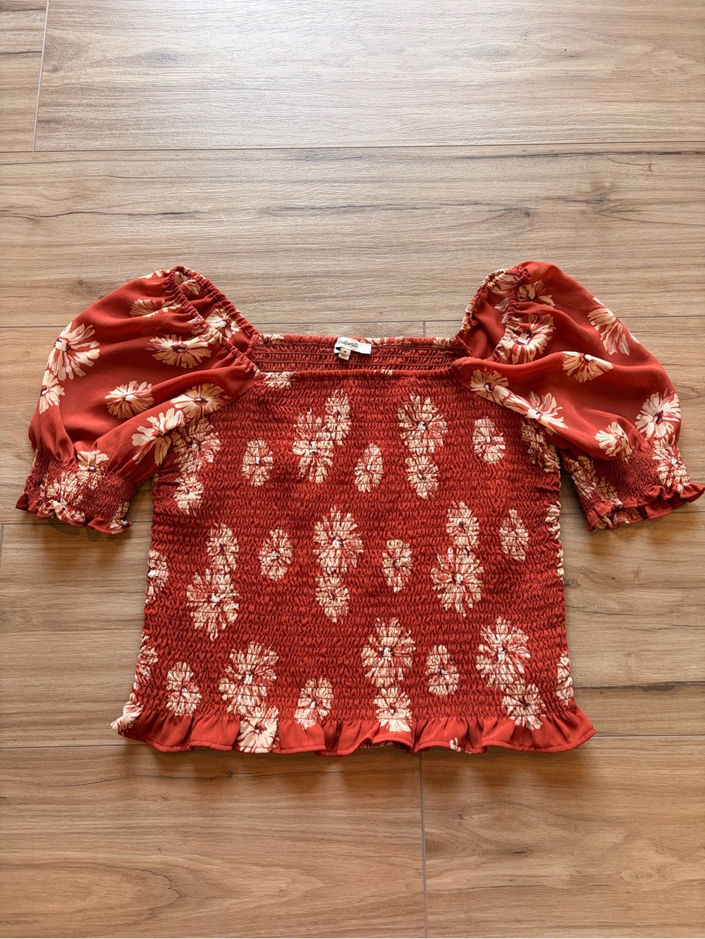 Madewell Smocked Floral Puff Sleeve Top Rust Orange Medium